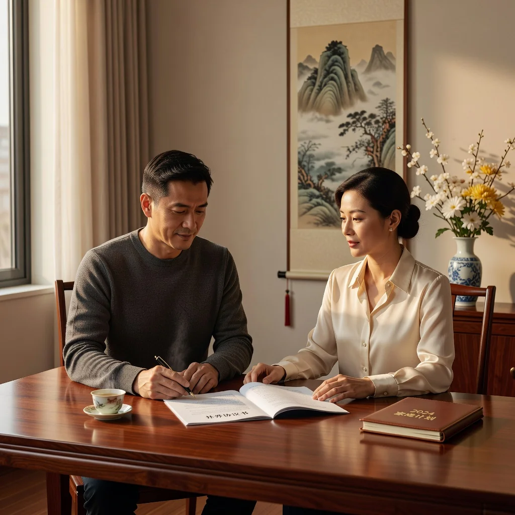 A photorealistic image depicting a harmonious family meeting in a modern Chinese living room, where parents are calmly discussing and signing a custody agreement on a table, with subtle elements like a calendar and family photos in the background, emphasizing cooperation and stability in parenting arrangements without showing any children.
