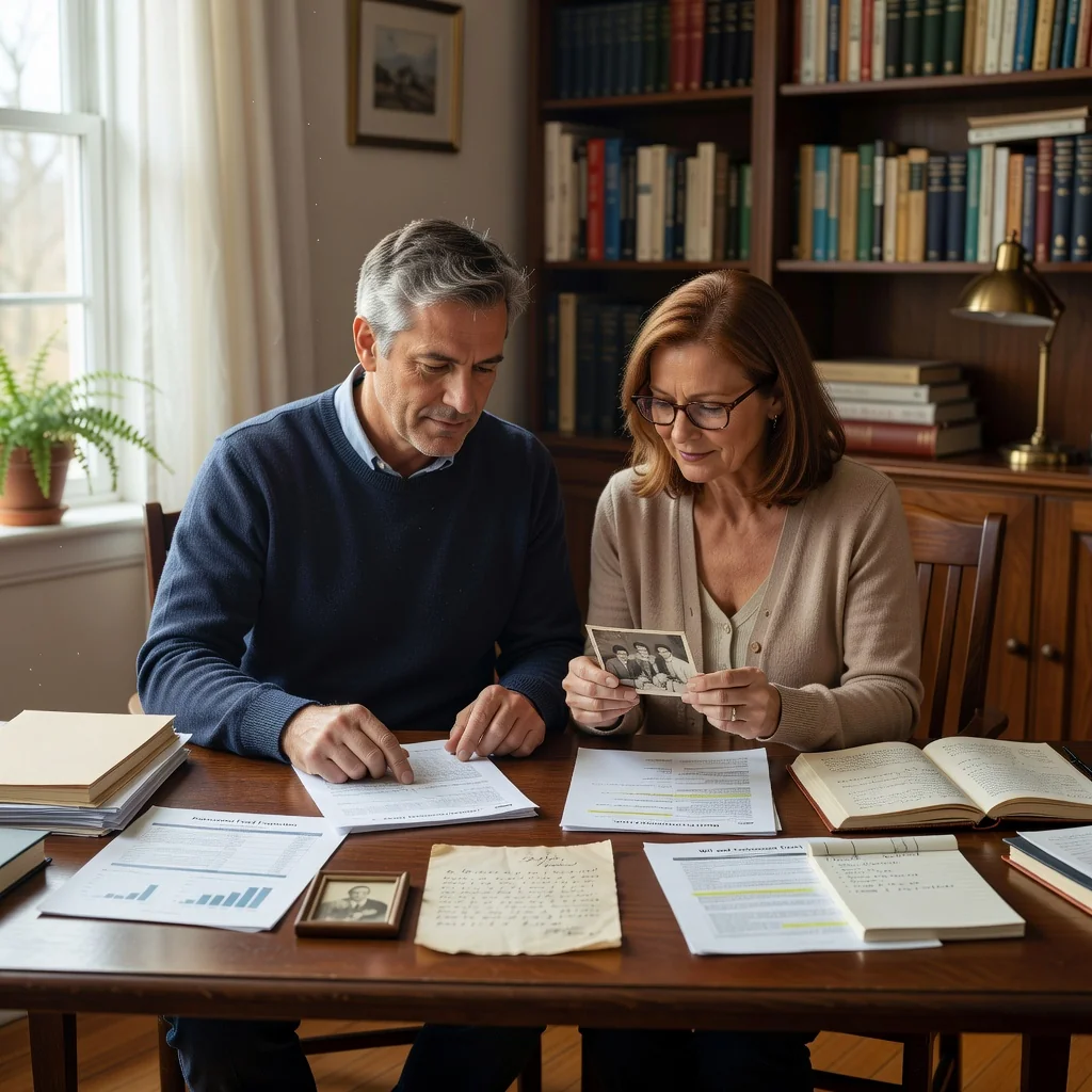 A photorealistic image of a middle-aged adult couple in a cozy home office, thoughtfully reviewing family photos and financial documents on a table, symbolizing legacy planning and updating a will, with warm lighting and no children present.