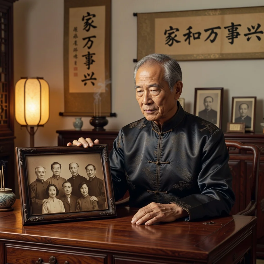 A serene, photorealistic scene of an elderly Chinese man in his 70s, sitting thoughtfully at a wooden desk in a traditional Chinese home, gazing at a family photo frame containing pictures of adult family members, symbolizing the thoughtful planning of inheritance and legacy without showing any children or legal documents.