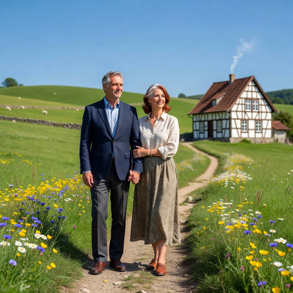 A photorealistic image symbolizing legacy, inheritance, and family protection in the context of a last will and testament in Germany. Depict a mature adult couple in their 50s or 60s, standing thoughtfully in a serene German countryside setting with rolling hills and a traditional half-timbered house in the background, holding hands and looking towards the horizon, evoking a sense of planning for the future and passing on heritage to loved ones, without showing any children or the document itself.