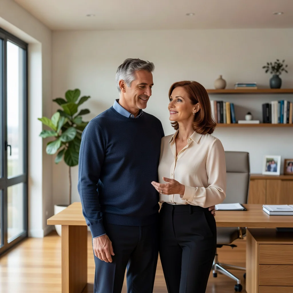 A photorealistic image of a thoughtful adult senior citizen sitting in a cozy living room, looking at family photos on a mantel, symbolizing legacy and inheritance planning without any legal documents visible.