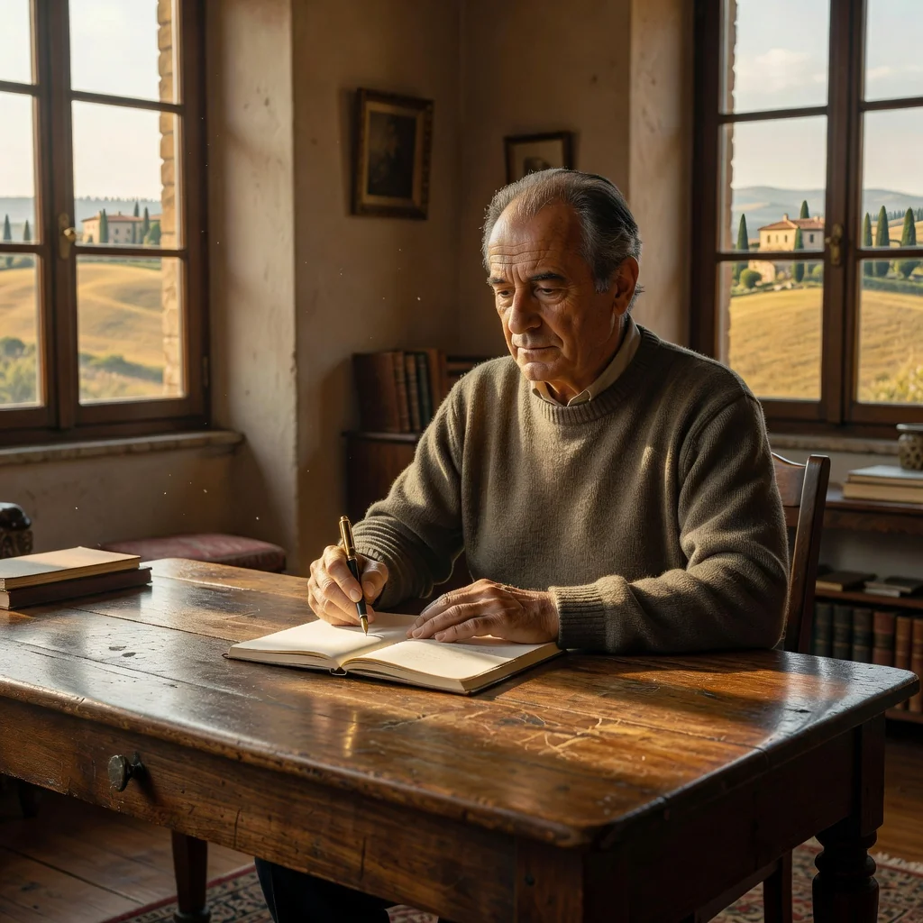 A photorealistic image depicting an elderly Italian man in a thoughtful pose, sitting at a wooden desk in a sunlit study with classic Italian architecture in the background, holding a pen as if planning his legacy, symbolizing the purpose of a will in securing family inheritance under Italian law.