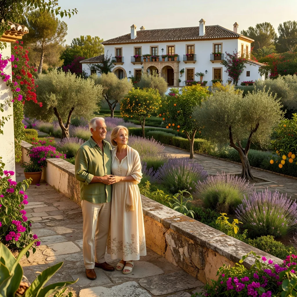 A photorealistic image depicting a middle-aged Spanish couple in a sunny estate garden, symbolizing legacy and inheritance benefits, with subtle elements like a family home in the background, evoking security and fiscal planning without showing any legal documents or children.