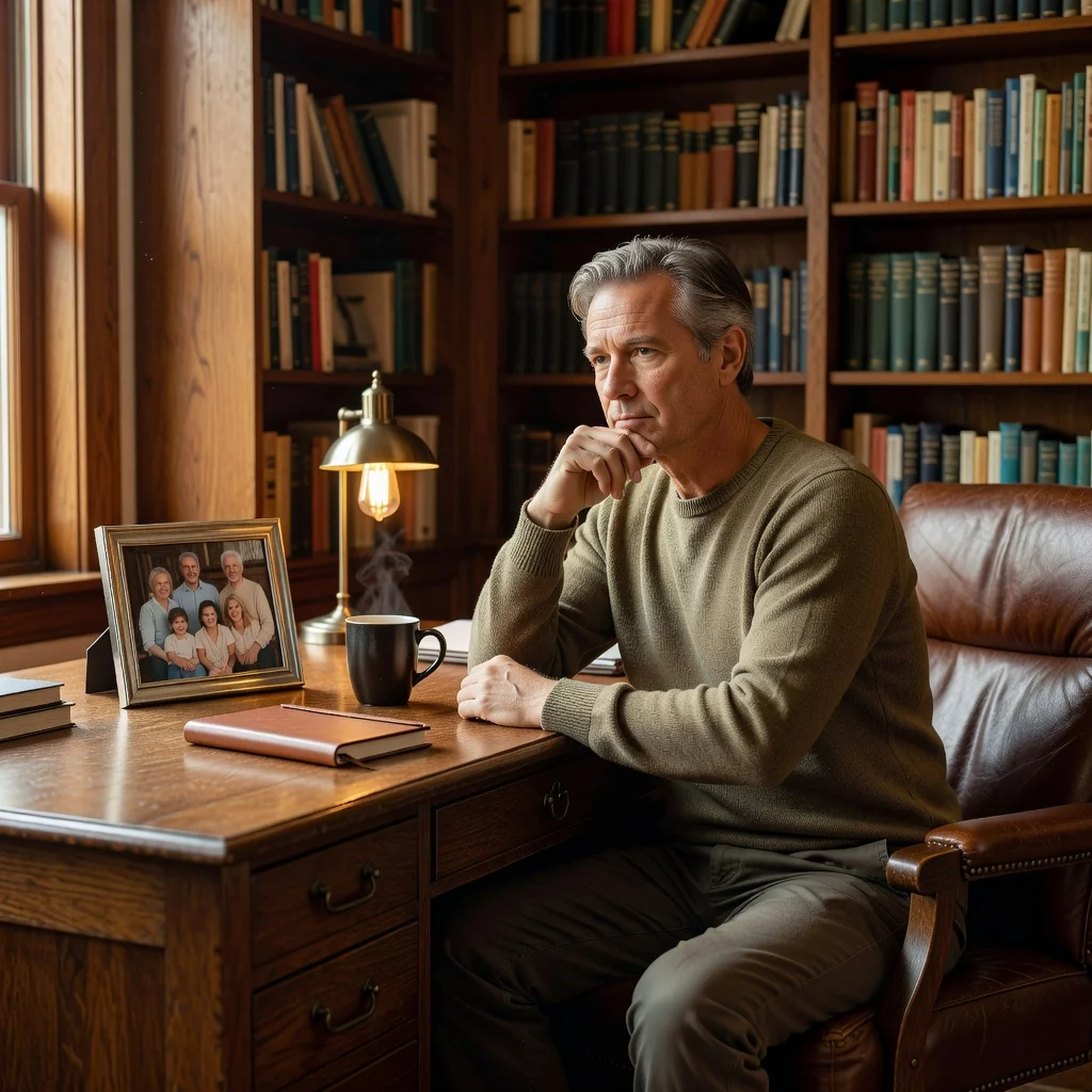 A photorealistic image depicting a thoughtful middle-aged adult sitting at a wooden desk in a cozy home study, gazing contemplatively at a family photo frame on the desk, symbolizing legacy planning and inheritance without focusing on any legal documents. The scene conveys serenity and forward-thinking, with warm natural light filtering through a window.
