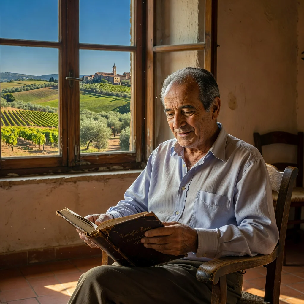 A photorealistic image symbolizing legacy and family inheritance in Italy, featuring an elderly Italian man in a contemplative pose, sitting by a window overlooking a scenic Italian countryside with vineyards and olive trees, holding a family photo album that represents passing on heritage to future generations, evoking themes of planning for the future without showing any legal documents or children.