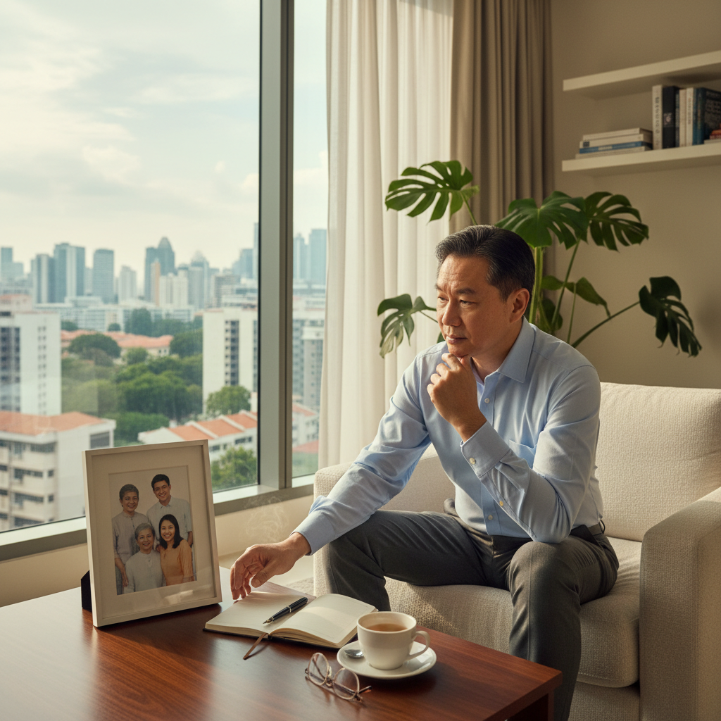 A photorealistic image of a thoughtful middle-aged Singaporean adult sitting in a modern living room, looking contemplatively at a family photo frame on the table, symbolizing legacy and future planning for inheritance, with subtle Singaporean elements like a HDB window view in the background. No children are present in the image.
