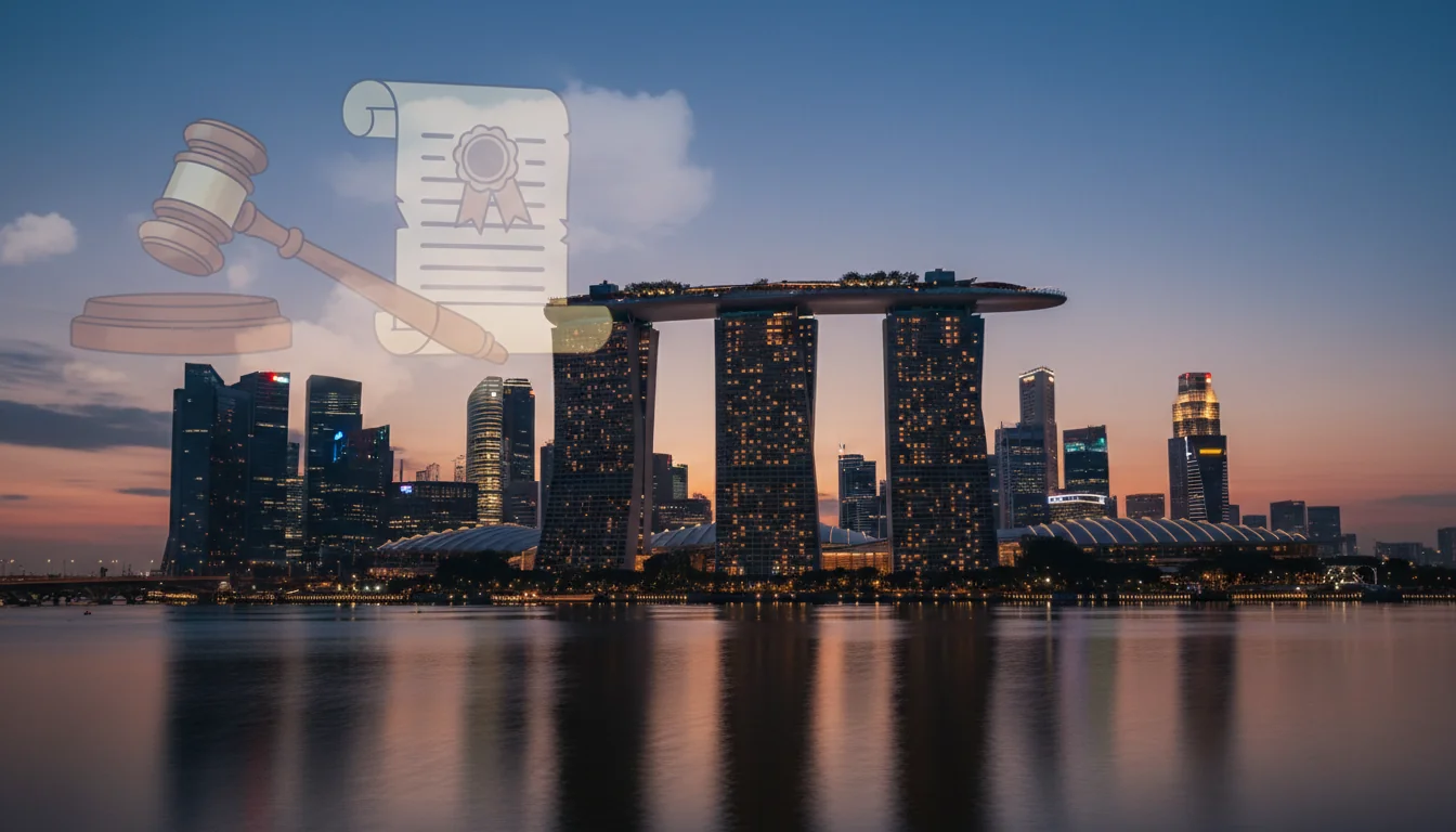 Singapore skyline with legal symbols