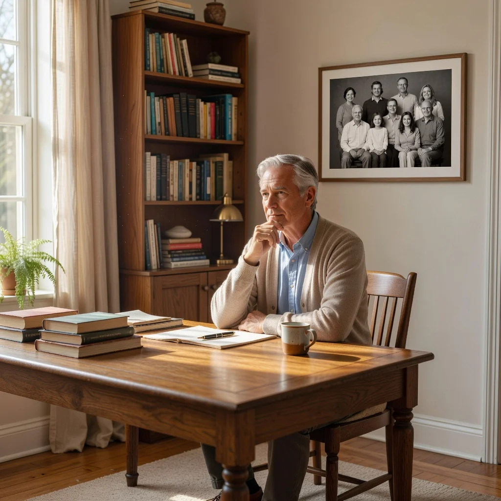 A photorealistic image of a thoughtful elderly adult sitting at a wooden desk in a cozy study, gazing contemplatively at a family portrait on the wall, symbolizing legacy and inheritance planning, with warm lighting and no legal documents or children visible.