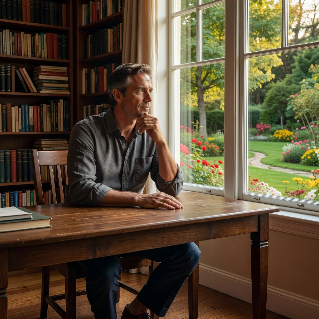 A photorealistic image of a thoughtful middle-aged adult sitting at a wooden desk in a cozy home office, gazing contemplatively out a window at a serene garden, symbolizing legacy planning and family security without showing any children or documents.