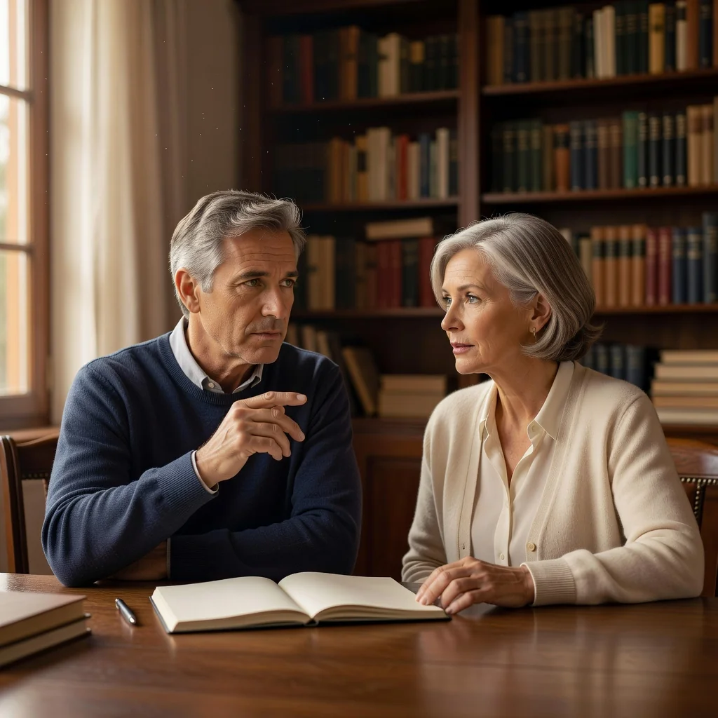 A photorealistic image of an elderly adult couple in their 60s, sitting together at a wooden desk in a cozy home study, thoughtfully discussing and planning their future legacy. The man and woman, both mature adults with no children present, are looking at a blank notebook, symbolizing the creation of a will. The atmosphere is calm and reflective, with warm lighting from a nearby window, emphasizing themes of family planning and security in old age. No legal documents, text, or children are visible in the image.