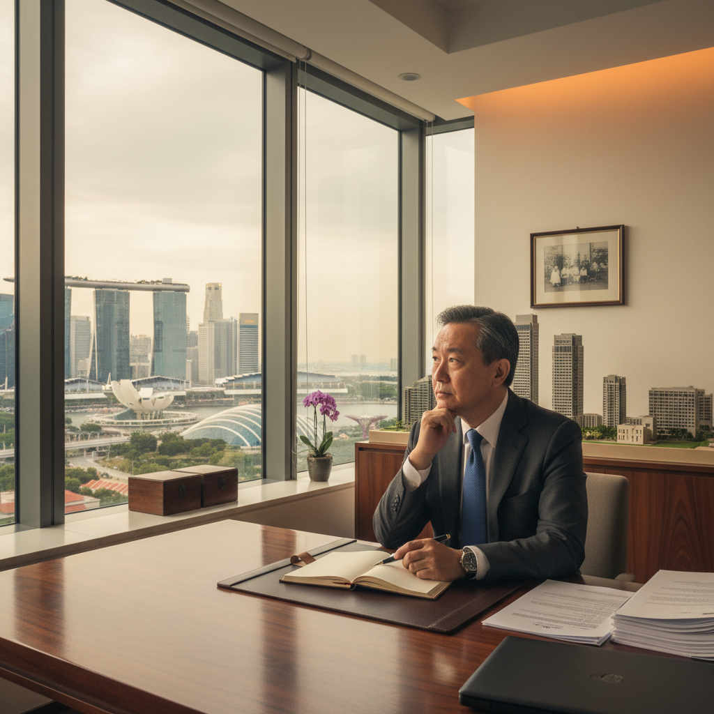A photorealistic image of a thoughtful middle-aged adult sitting at a desk in a modern Singapore home, gazing contemplatively out a window with the city skyline in the background, symbolizing legacy planning and future security without showing any legal documents or children.