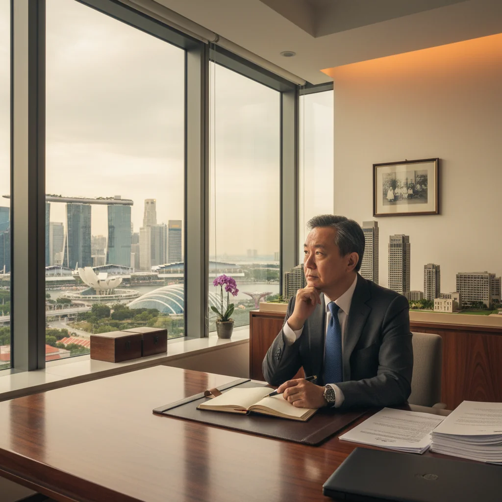 A photorealistic image of a thoughtful middle-aged adult sitting at a desk in a modern Singapore home, gazing contemplatively out a window with the city skyline in the background, symbolizing legacy planning and future security without showing any legal documents or children.