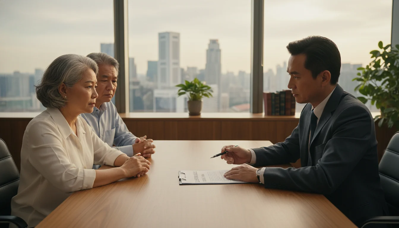 Elderly couple consulting lawyer on will.