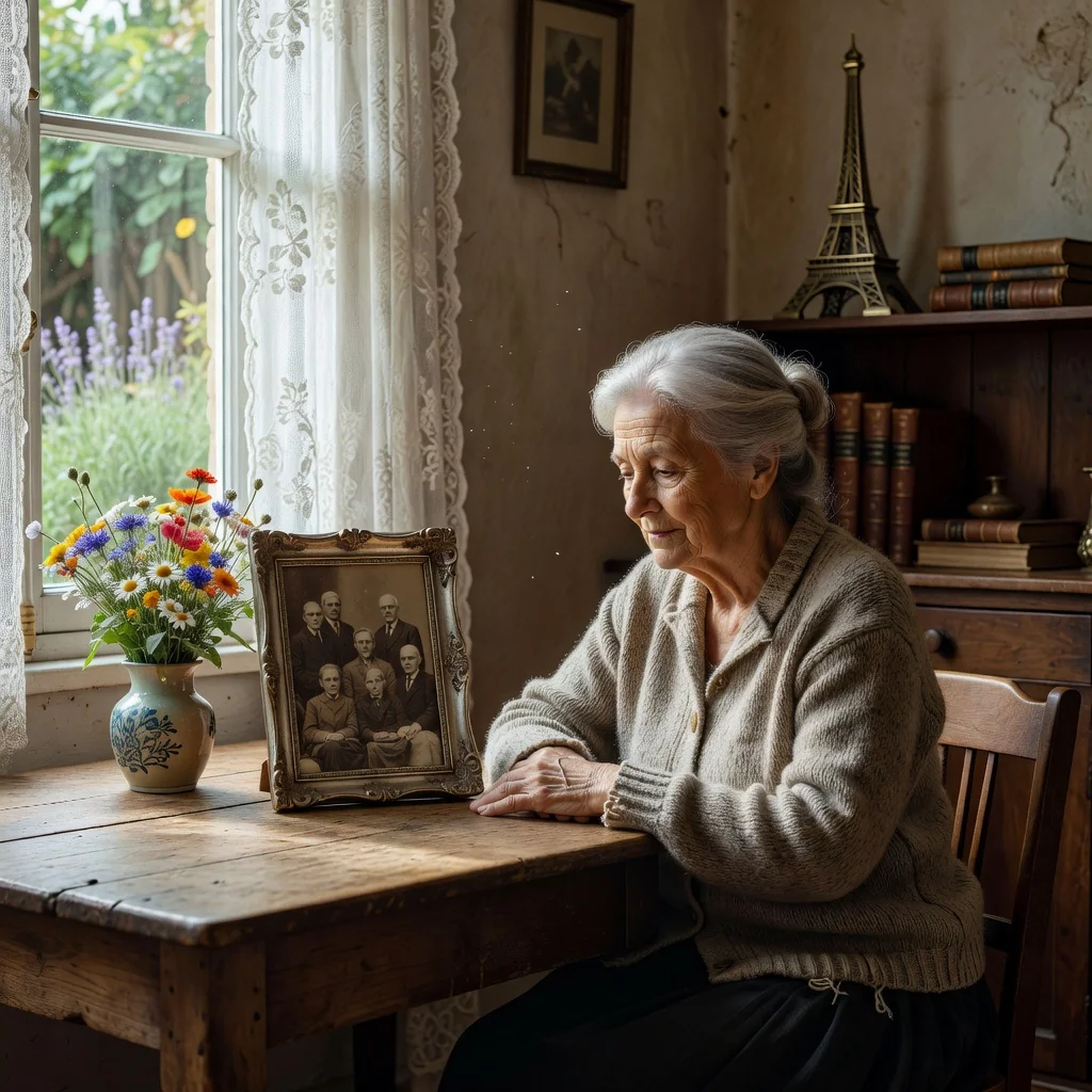 A photorealistic image symbolizing legacy and inheritance in France, featuring an elderly person thoughtfully gazing at a family portrait on a wooden table in a cozy French living room, with subtle French decor like a Eiffel Tower miniature in the background, evoking the purpose of a handwritten will without showing any documents or children.