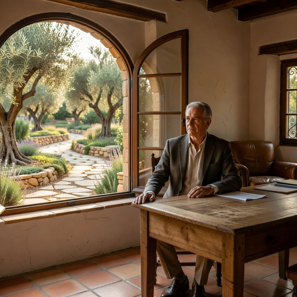 A photorealistic image of a thoughtful elderly adult sitting calmly at a wooden desk in a sunlit study, gazing out a window towards a serene family garden in the distance, symbolizing legacy and peaceful inheritance planning in Spain, with subtle Spanish architectural elements like terracotta tiles visible.