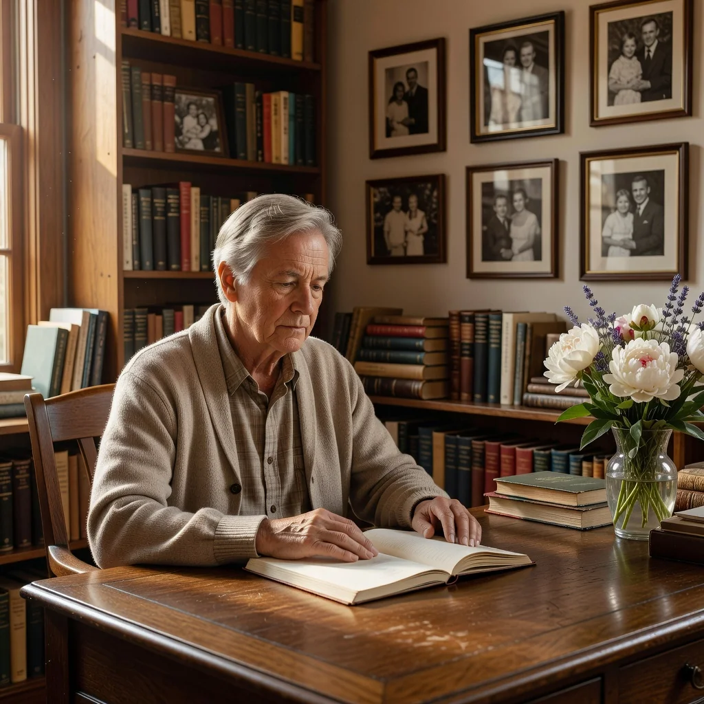 A photorealistic image depicting an elderly adult thoughtfully planning their legacy, sitting at a wooden desk in a cozy study with soft natural light filtering through a window, surrounded by family photos of adults and subtle symbols of inheritance like a family tree sketch, evoking themes of will-making and legacy without showing any legal documents or children.