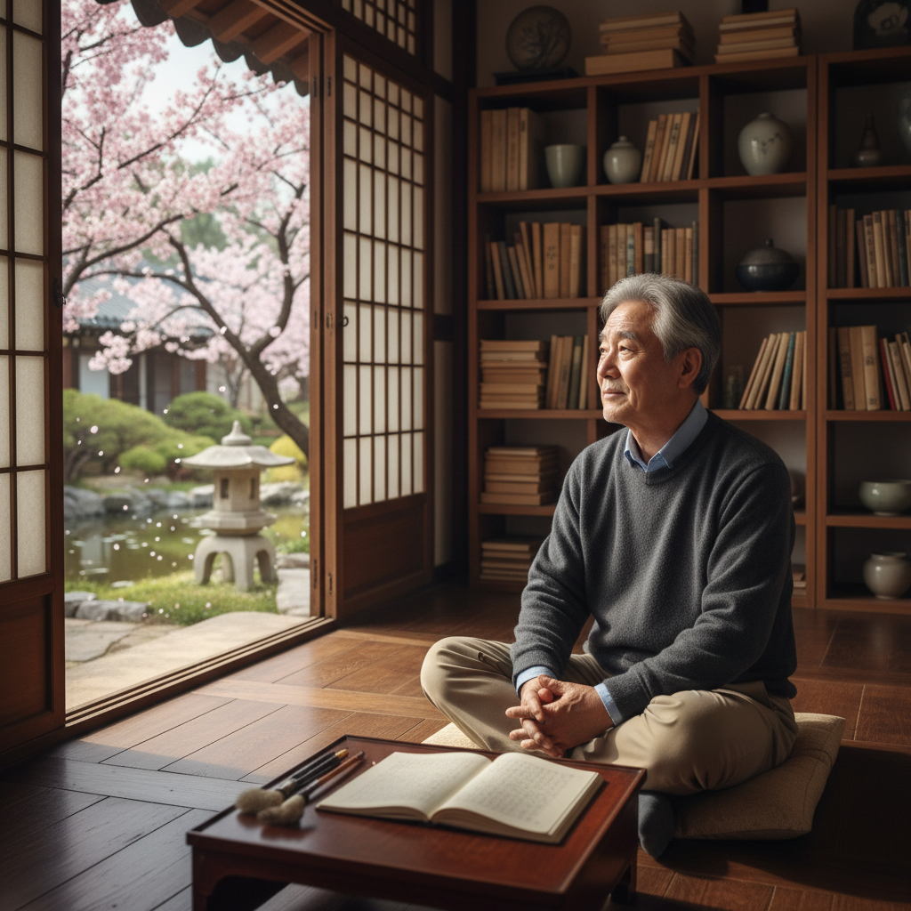 A serene photorealistic image of an elderly Korean man in his 60s, sitting thoughtfully in a cozy home study, gazing out a window at a peaceful garden, symbolizing reflection on legacy and future planning for loved ones in a South Korean context.