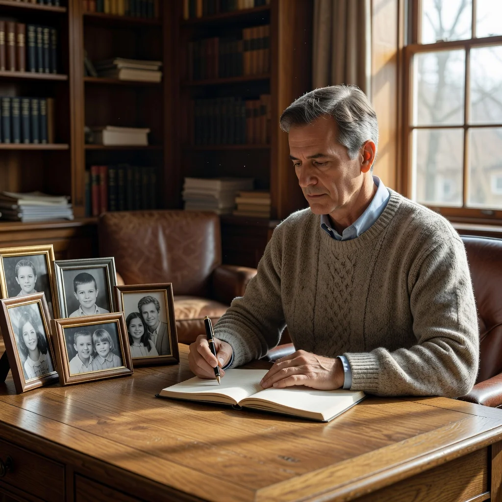 A photorealistic image depicting an elderly adult individual thoughtfully planning their legacy, sitting at a wooden desk in a cozy home office, surrounded by family photos of adults and personal mementos, with a warm, reflective atmosphere emphasizing themes of family, security, and future planning, no children present.