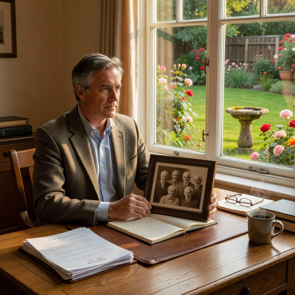 A photorealistic image depicting a thoughtful middle-aged adult person in a comfortable home setting, reflecting on family legacy and future planning, symbolizing the purpose of creating a will without showing any legal documents or children.