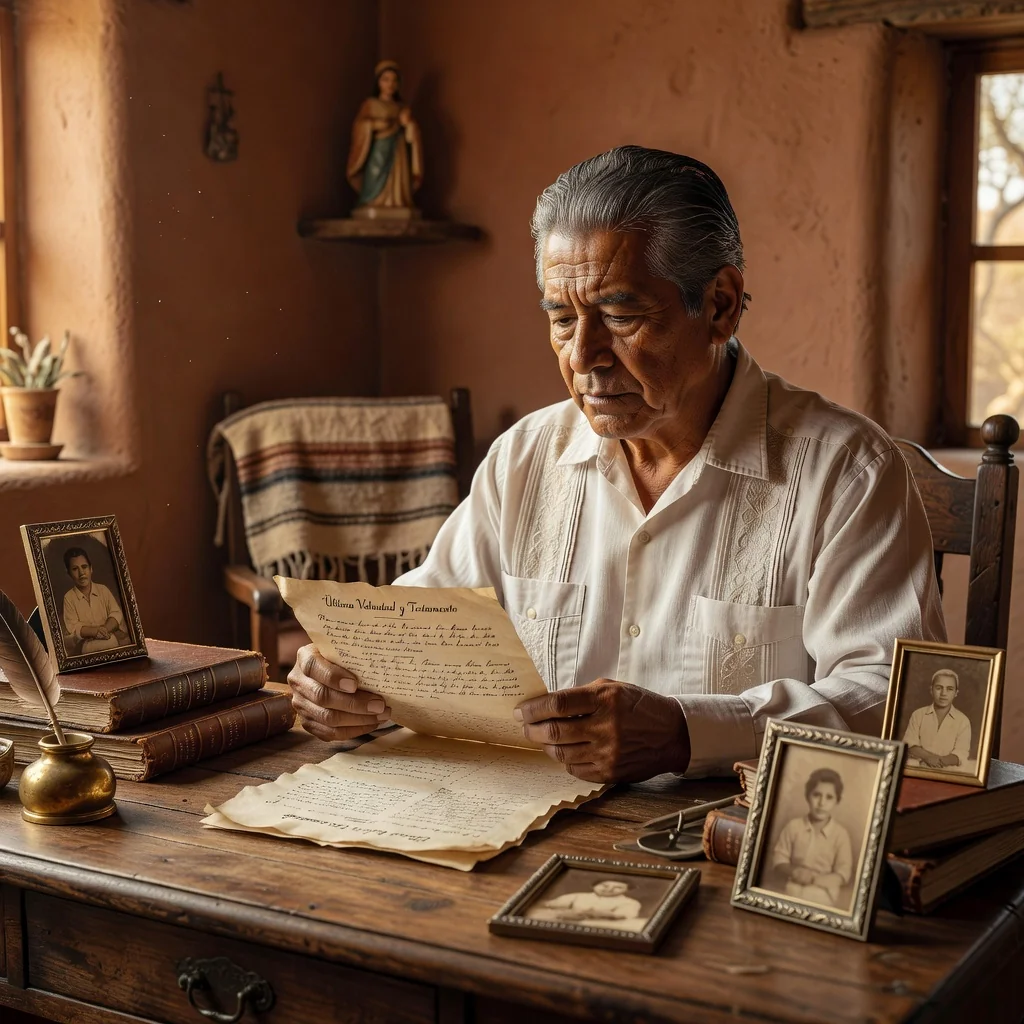 A photorealistic image of an elderly Mexican adult thoughtfully reviewing a will in a traditional home setting, symbolizing legacy and family planning under Mexican law, with warm lighting and authentic details.