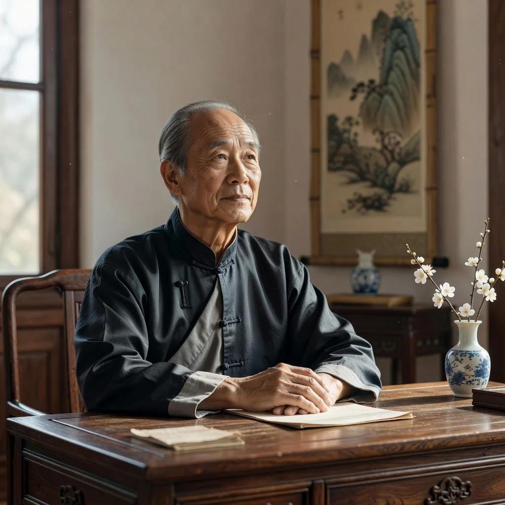 A photorealistic image of a thoughtful elderly Chinese man in traditional attire, sitting calmly at a wooden desk in a serene study room with subtle Chinese decor, contemplating his future legacy and family inheritance, symbolizing the purpose of a will without showing any legal documents or children.