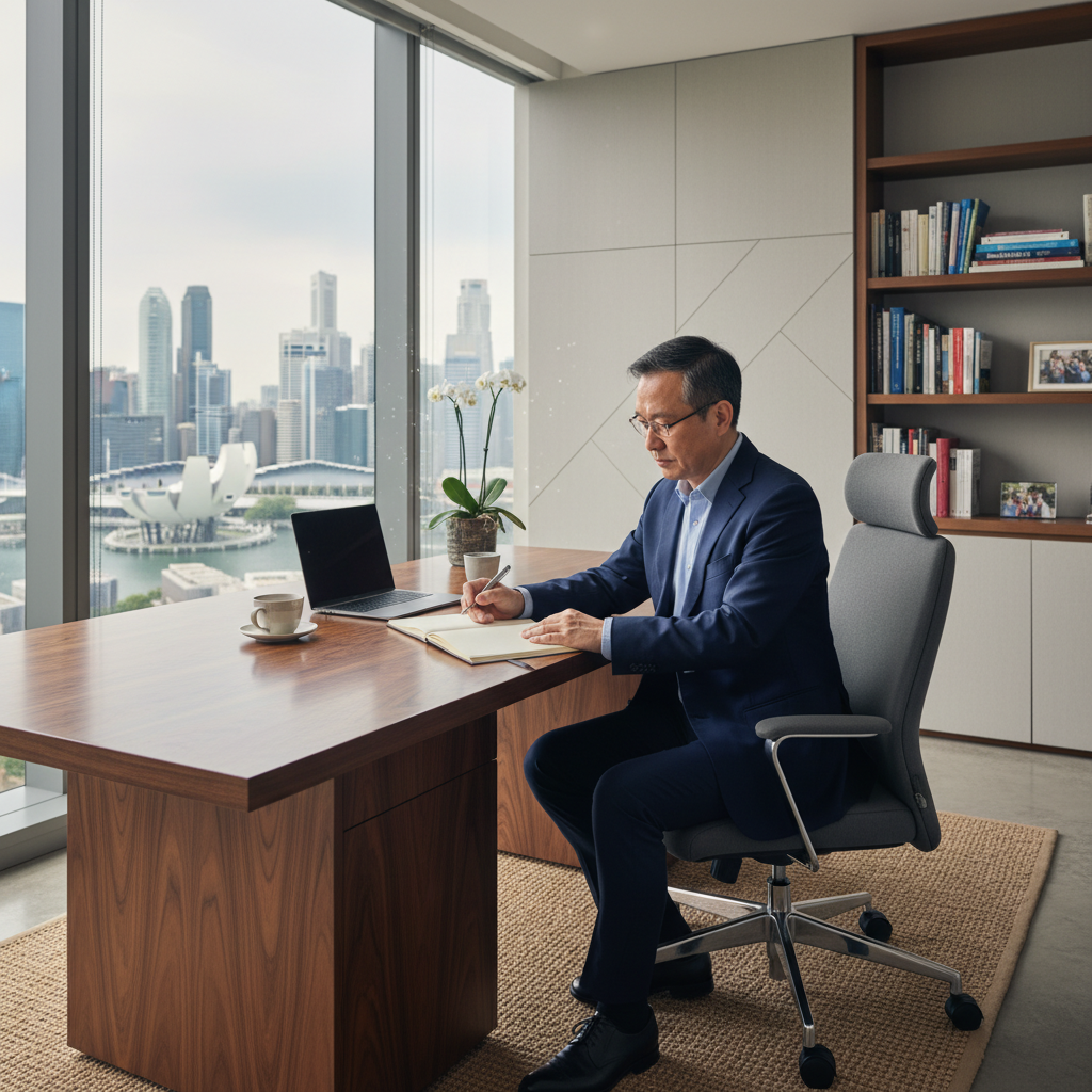 A photorealistic image of a thoughtful middle-aged adult sitting at a desk in a cozy home office in Singapore, reviewing papers with a calm expression, surrounded by subtle local elements like a window view of the city skyline, symbolizing planning for the future and legacy without showing any documents or children.