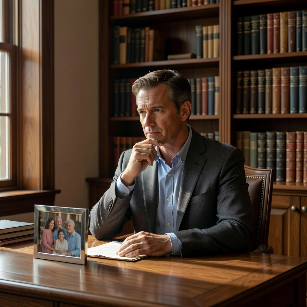 A photorealistic image of a thoughtful middle-aged adult sitting at a wooden desk in a cozy home office, gazing contemplatively at a family photo frame on the desk, symbolizing legacy and future planning, with warm natural light filtering through a window, no children or documents visible.