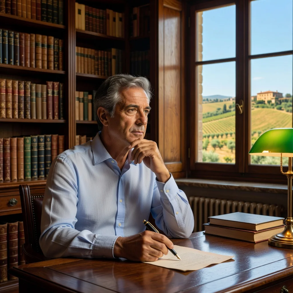 A photorealistic image of an elderly Italian man in a thoughtful pose, sitting at a wooden desk in a sunlit study with Italian countryside visible through the window, holding a pen as if planning his legacy, evoking themes of family inheritance and future planning without showing any documents or children.