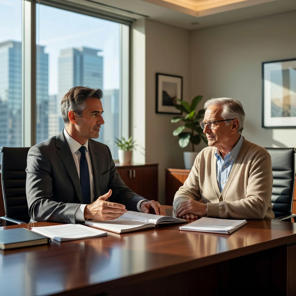 A photorealistic image depicting a mature adult professional, such as a lawyer or estate planner, in a thoughtful consultation with an elderly client in a modern office setting, symbolizing the resolution of will execution disputes and providing guidance on inheritance matters, conveying trust, resolution, and practical advice without showing any legal documents.