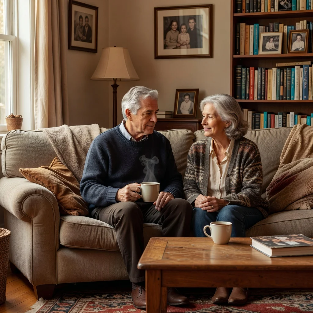 A photorealistic image of a thoughtful elderly adult couple sitting together in a cozy living room, discussing their future plans with a sense of care and legacy, symbolizing the purpose of a will in ensuring family inheritance and peace of mind. No children are present in the image.
