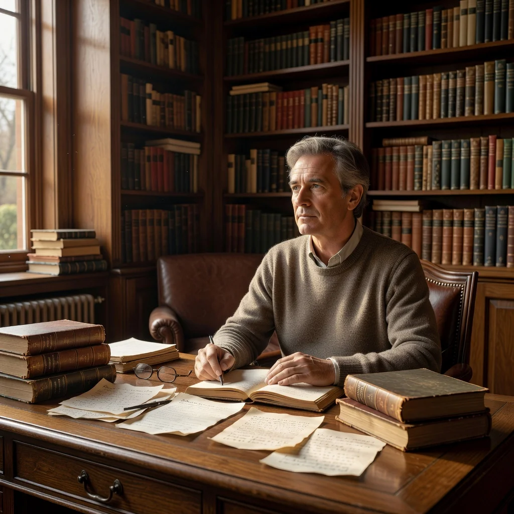 A photorealistic image of a thoughtful elderly adult sitting at a wooden desk in a cozy home office, gazing contemplatively out a window with a serene garden view, symbolizing legacy planning and family heritage without any focus on legal documents.