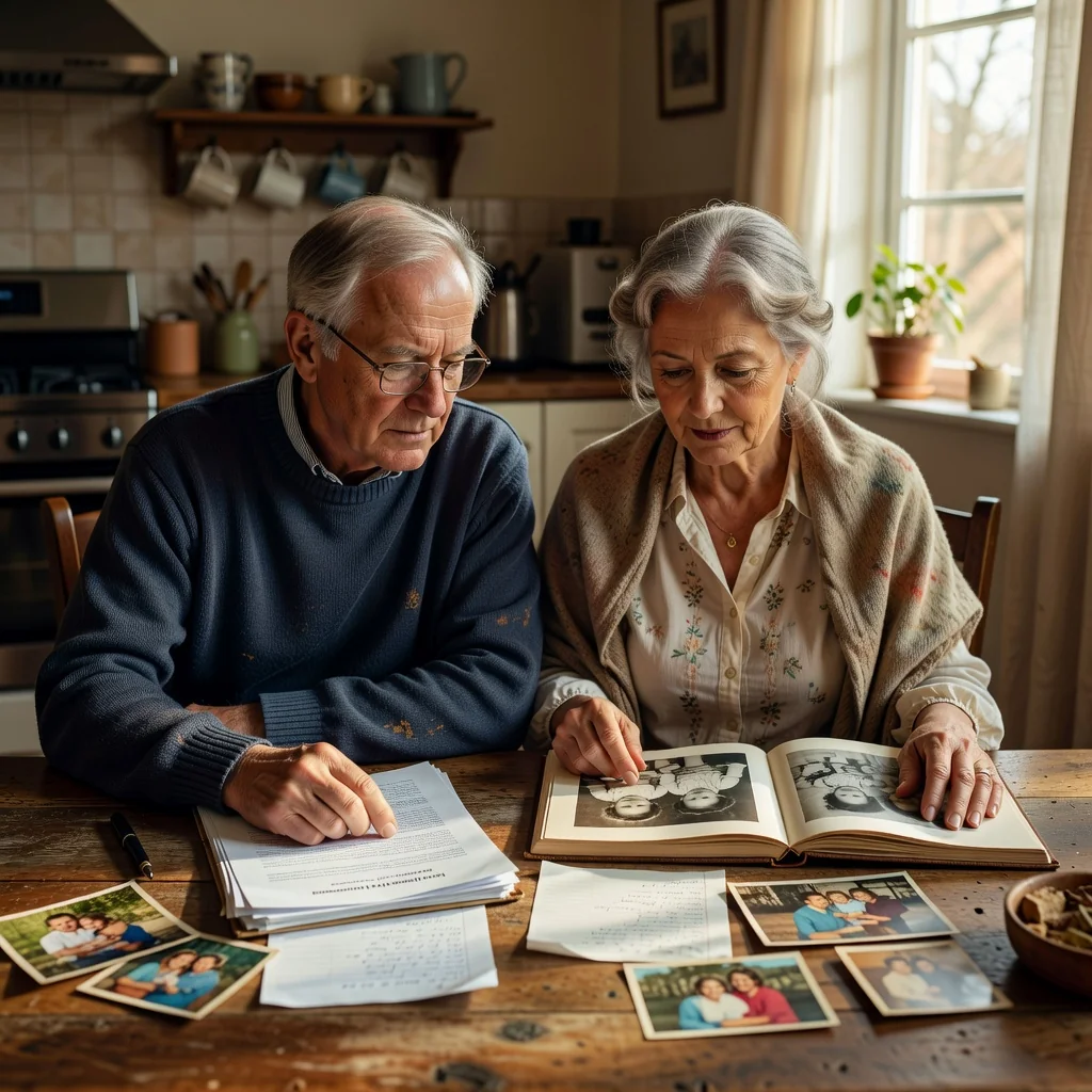 A photorealistic image of an elderly adult couple in their 60s sitting thoughtfully at a wooden kitchen table in a cozy home, reviewing printed notes and a family photo album together, symbolizing careful estate planning and legacy for loved ones, with warm natural light filtering through a window, no children present, highly detailed and realistic.