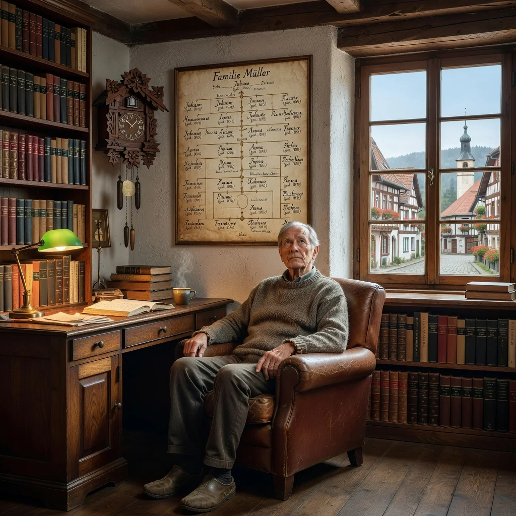 A photorealistic image representing legacy and inheritance in Germany, featuring an elderly person thoughtfully examining a family tree or heirlooms in a cozy study with German cultural elements like bookshelves and a window overlooking a historic town, conveying the purpose of testament legal documents without showing any documents or children.