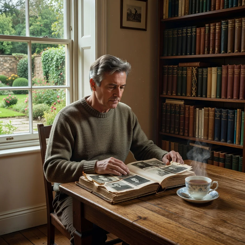A photorealistic image representing legacy planning and inheritance in the UK, showing a thoughtful adult individual in a modern British home, looking at a family photo album with subtle elements like a Union Jack flag in the background, evoking security and future planning without displaying any documents.