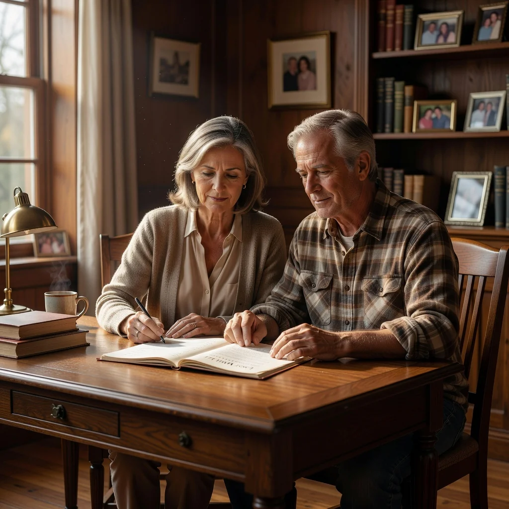 A photorealistic image of a mature adult couple in their 50s, sitting together at a wooden desk in a cozy home study, thoughtfully reviewing a handwritten last will and testament document, with expressions of care and planning for the future, soft natural light from a window illuminating the scene, no children present.