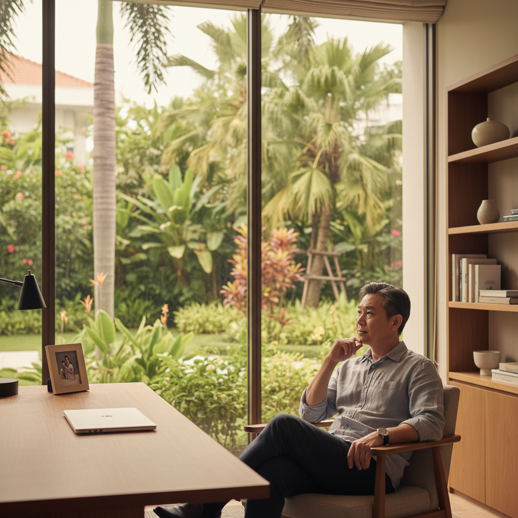A photorealistic image of a thoughtful middle-aged adult sitting in a cozy home office, gazing out a window at a serene garden, symbolizing legacy, family planning, and the peace of mind from estate planning in Singapore.