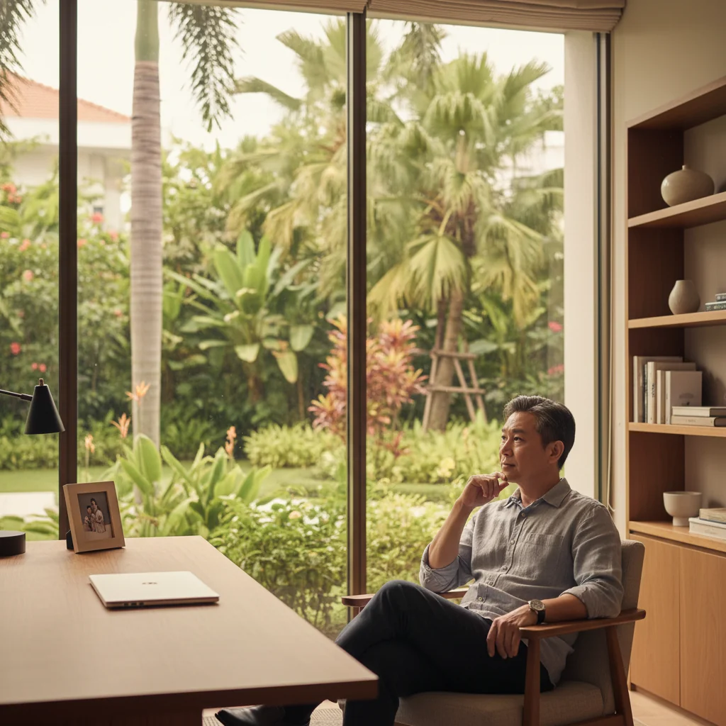 A photorealistic image of a thoughtful middle-aged adult sitting in a cozy home office, gazing out a window at a serene garden, symbolizing legacy, family planning, and the peace of mind from estate planning in Singapore.