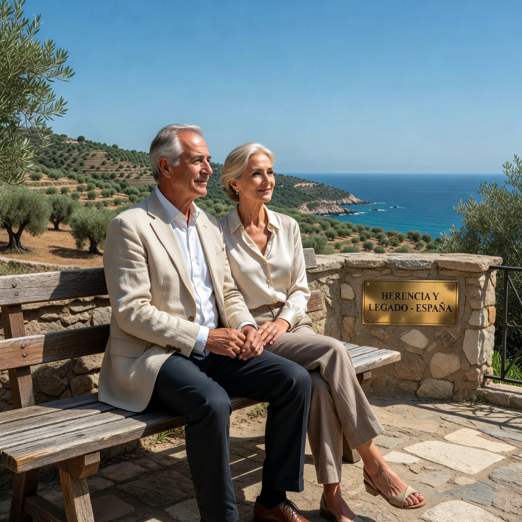 A photorealistic image symbolizing the purpose of a last will and testament in Spain, featuring an elderly Spanish couple in their 50s or 60s sitting together on a sunny terrace overlooking a picturesque Spanish landscape, such as olive groves or the Mediterranean coast, looking content and thoughtful as they discuss their future plans, evoking themes of legacy, family planning, and security without showing any documents or children.