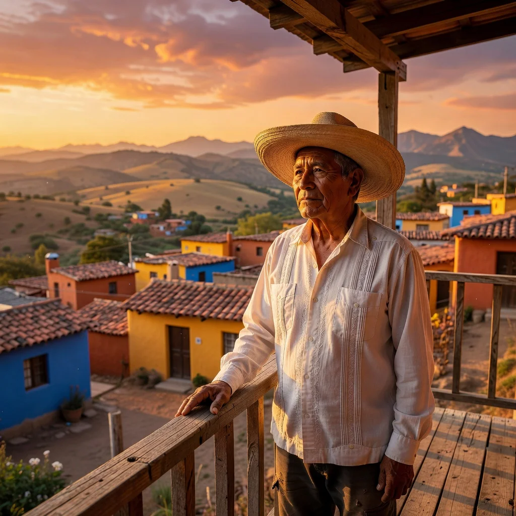 A photorealistic image representing the purpose of a last will and testament in Mexico, showing a serene elderly Mexican adult thoughtfully overlooking a beautiful traditional Mexican landscape at sunset, symbolizing legacy and planning for the future, with no children or documents visible.