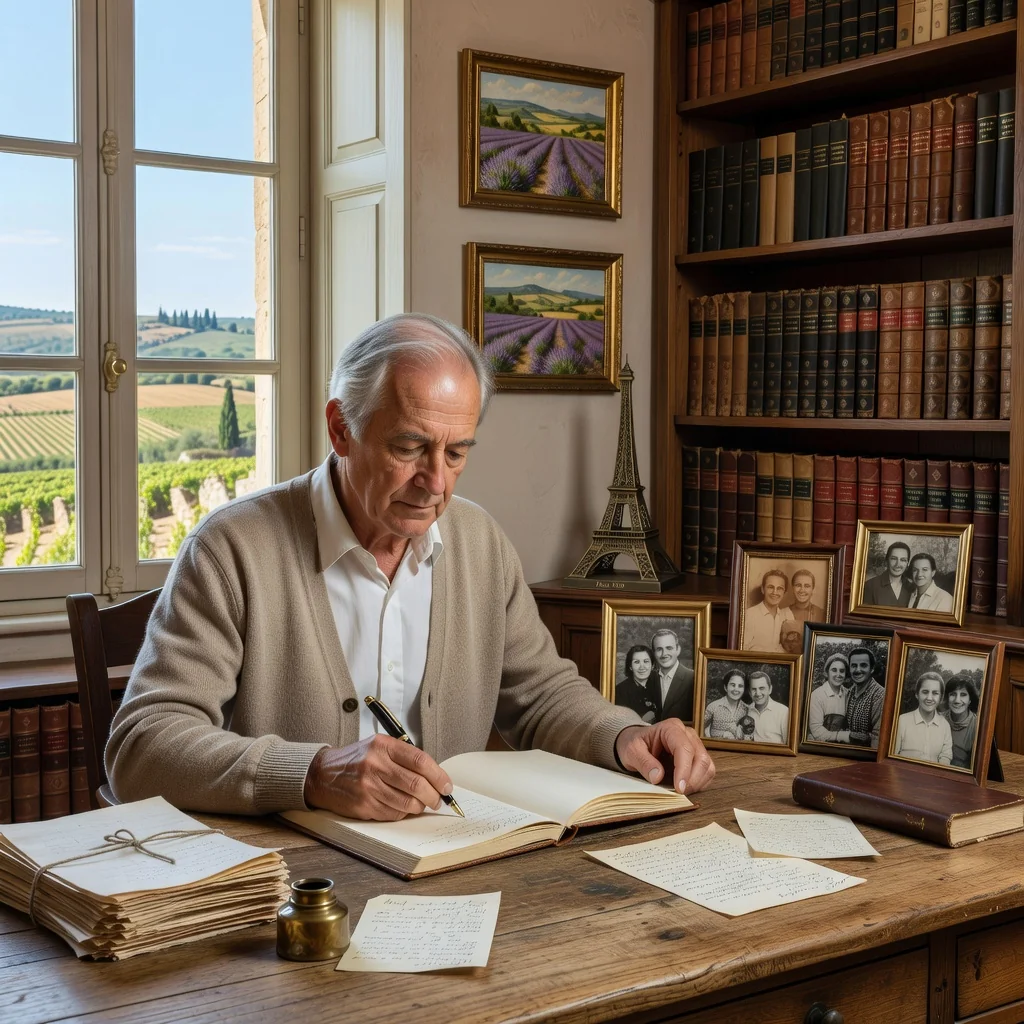 A photorealistic image of an elderly adult French person thoughtfully writing a will or testament in a cozy study, surrounded by family photos of adults on the wall, symbolizing legacy and inheritance planning, with a window overlooking the French countryside to evoke a sense of heritage and future security.