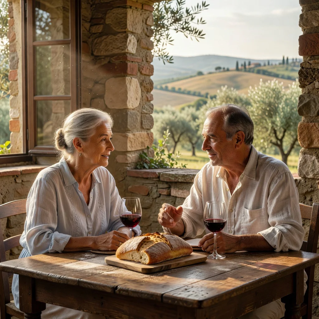 A photorealistic image of an elderly Italian couple in a sunlit Tuscan villa, thoughtfully discussing family matters over a table with wine and bread, symbolizing legacy planning and inheritance without showing any documents or children.