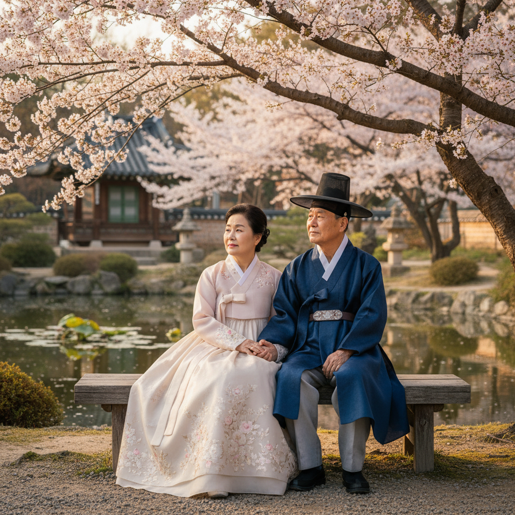 A serene elderly Korean couple in traditional hanbok, sitting together in a peaceful garden in South Korea, symbolizing legacy and family inheritance, with soft natural lighting and a sense of calm and reflection.