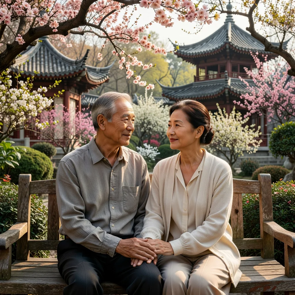 A photorealistic image depicting an elderly Chinese man and woman in a serene traditional Chinese garden, sitting together on a stone bench, looking thoughtfully at a family photo album, symbolizing legacy, family heritage, and thoughtful planning for the future without showing any children.