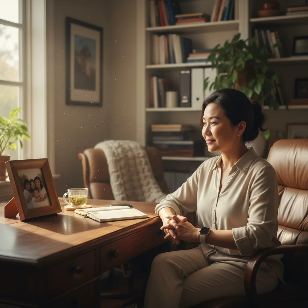 A photorealistic image of a thoughtful middle-aged adult sitting calmly in a serene home office, gazing reflectively at a family photo on the desk, symbolizing thoughtful planning for future healthcare wishes and personal autonomy in end-of-life decisions, evoking peace and preparation without any medical or legal elements visible.