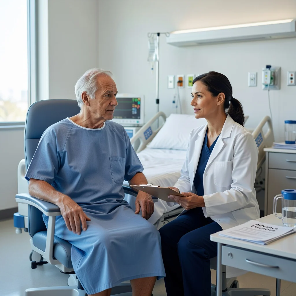 A photorealistic image of an elderly adult patient in a hospital room, looking thoughtfully at a caring doctor who is holding a clipboard, symbolizing patient rights and advance directives. The scene conveys trust, autonomy, and medical decision-making, with no children present.