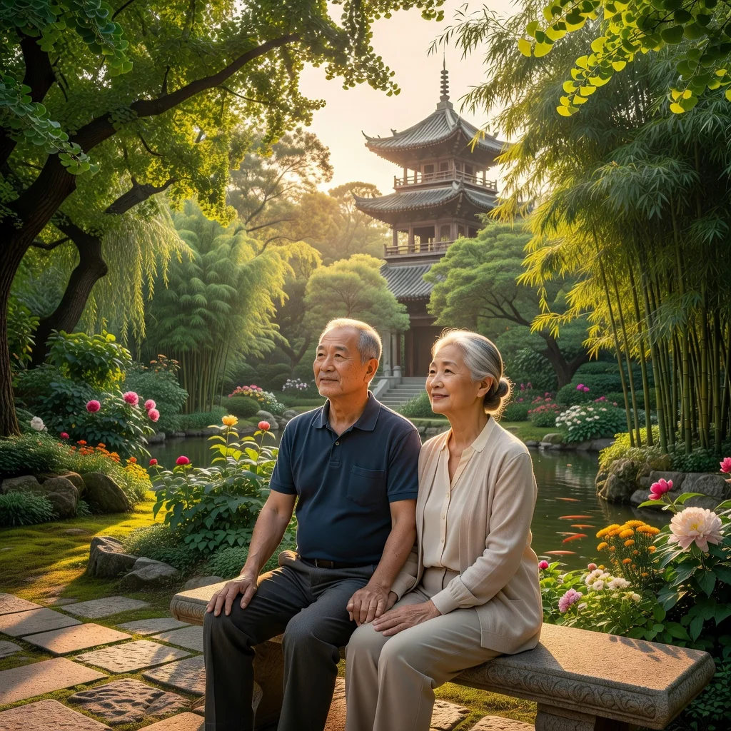 A photorealistic image symbolizing the importance of advance directives in China, showing a serene elderly Chinese couple in a peaceful garden, holding hands and looking thoughtfully into the future, representing legacy and family planning without focusing on legal documents.