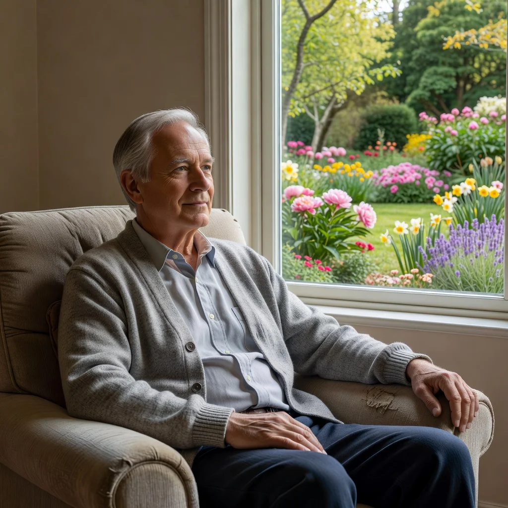 A serene photorealistic image of an elderly adult in their 60s, sitting peacefully in a comfortable armchair by a window in a cozy living room, gazing thoughtfully at a peaceful garden outside. The person has a calm and reflective expression, symbolizing contemplation of future healthcare wishes and personal autonomy, with soft natural light illuminating the scene. No documents or text visible. Exclude any children or minors from the image.