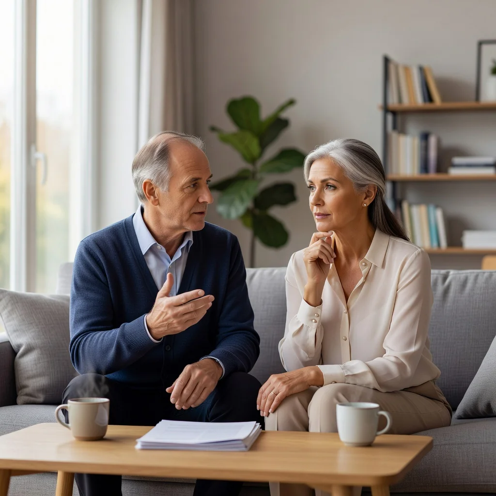 A photorealistic image depicting an elderly adult couple in thoughtful discussion about future healthcare decisions, sitting comfortably in a modern living room with soft natural light, symbolizing planning for advance decisions and lasting power of attorney without showing any legal documents.