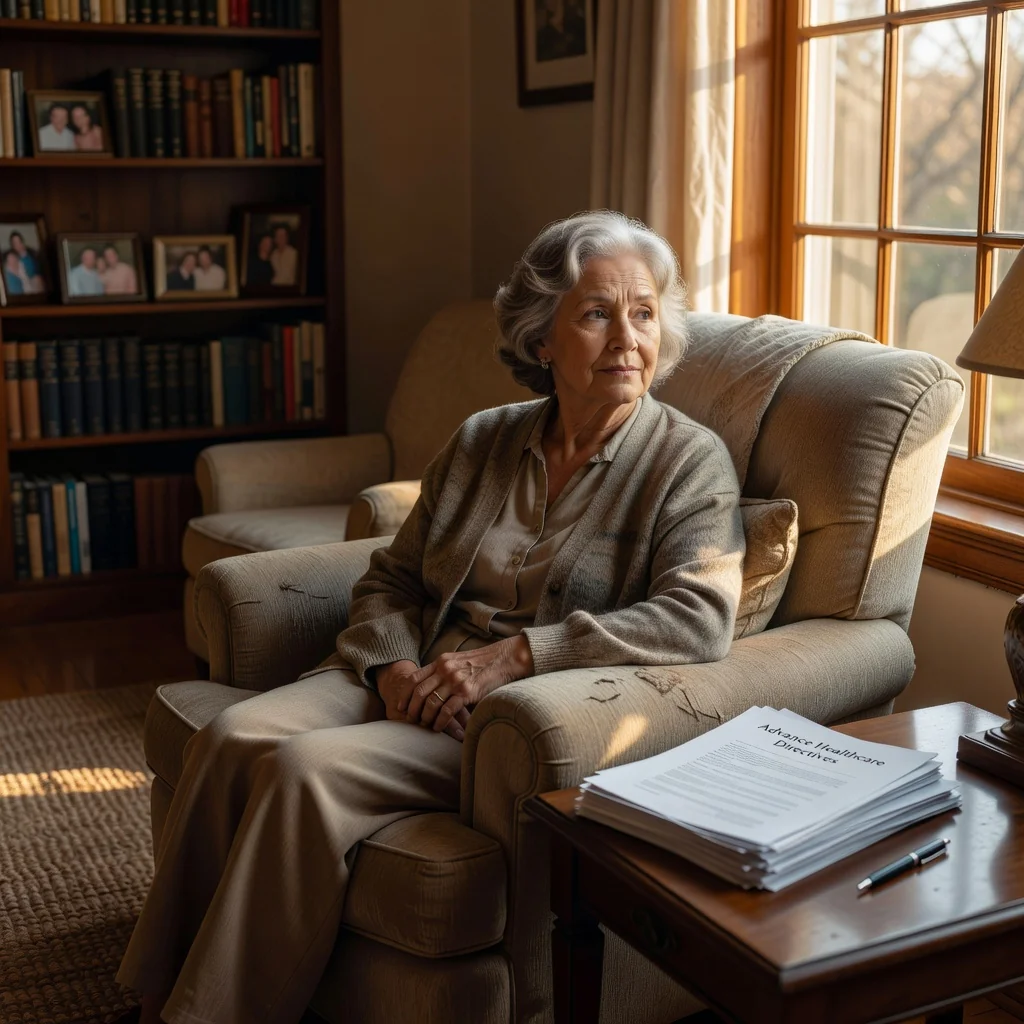 A serene photorealistic image of an elderly adult woman in her 60s sitting peacefully by a window in a cozy home, gazing thoughtfully into the distance with a gentle expression, symbolizing reflection on life choices and end-of-life planning. Soft natural light illuminates the scene, emphasizing calm and introspection. No children or young people are present.