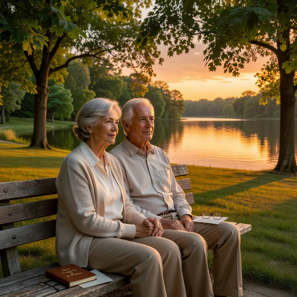 A serene photorealistic image of an elderly adult couple in their 60s, sitting together on a peaceful park bench at sunset, holding hands and looking thoughtfully into the distance, symbolizing planning for the future and legacy without any focus on documents or children.